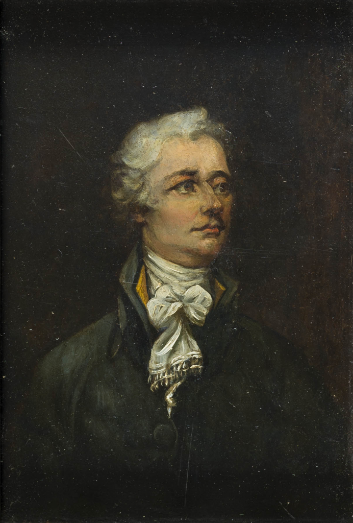 Color photograph of a painted portrait of a white man in a white powdered wig. He is facing the viewer, but looking off to viewers left. He wears a white cravat and a black, high-collared jacket with a peek of yellow lining showing at the neck. The background is black. 