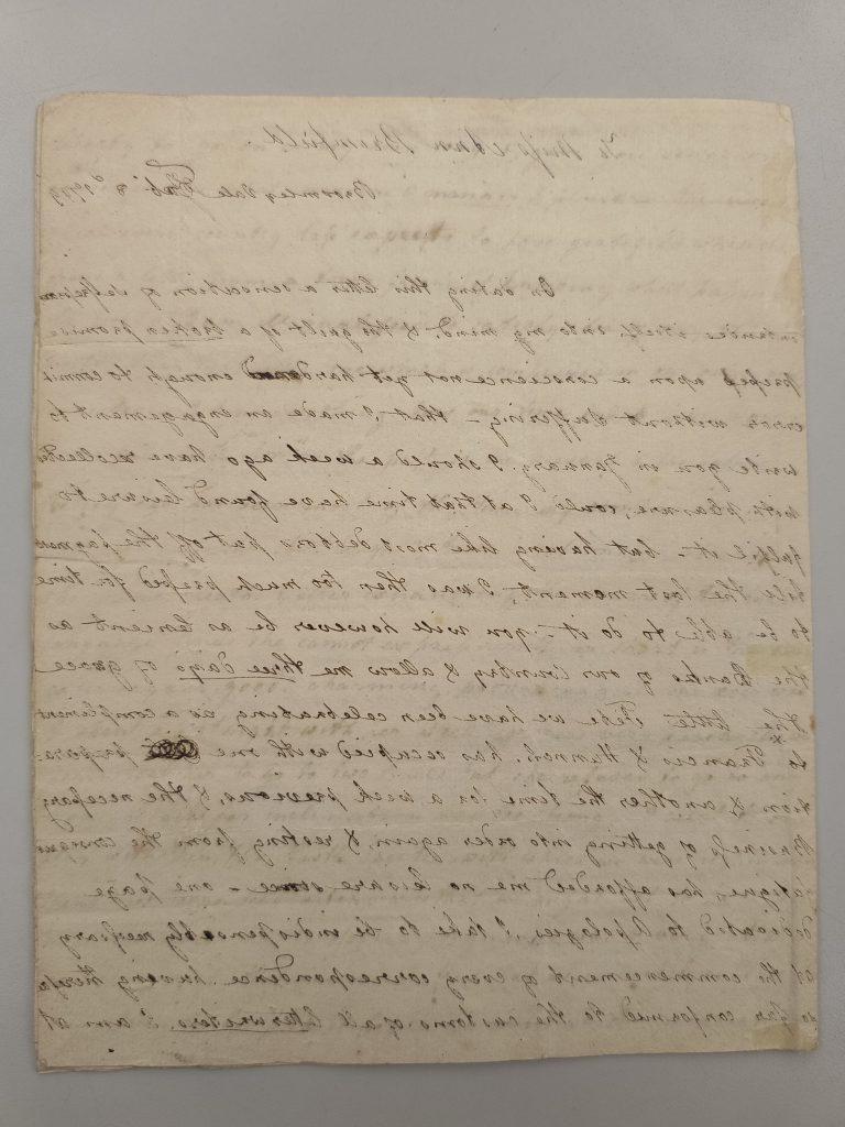 Color photograph of the first page of a manuscript letter written in black ink, beginning “To Miss Ann Bromfield” and dated at “Broomley Vale,” February 3, 1799. The paper is yellowed with age and has a few stains around the edges, ink smudges, underlines, and cross-outs.